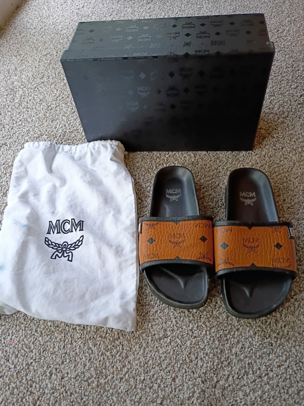 MCM  Women's Brown Visetos Logo Slide Sandals with Box And Bag